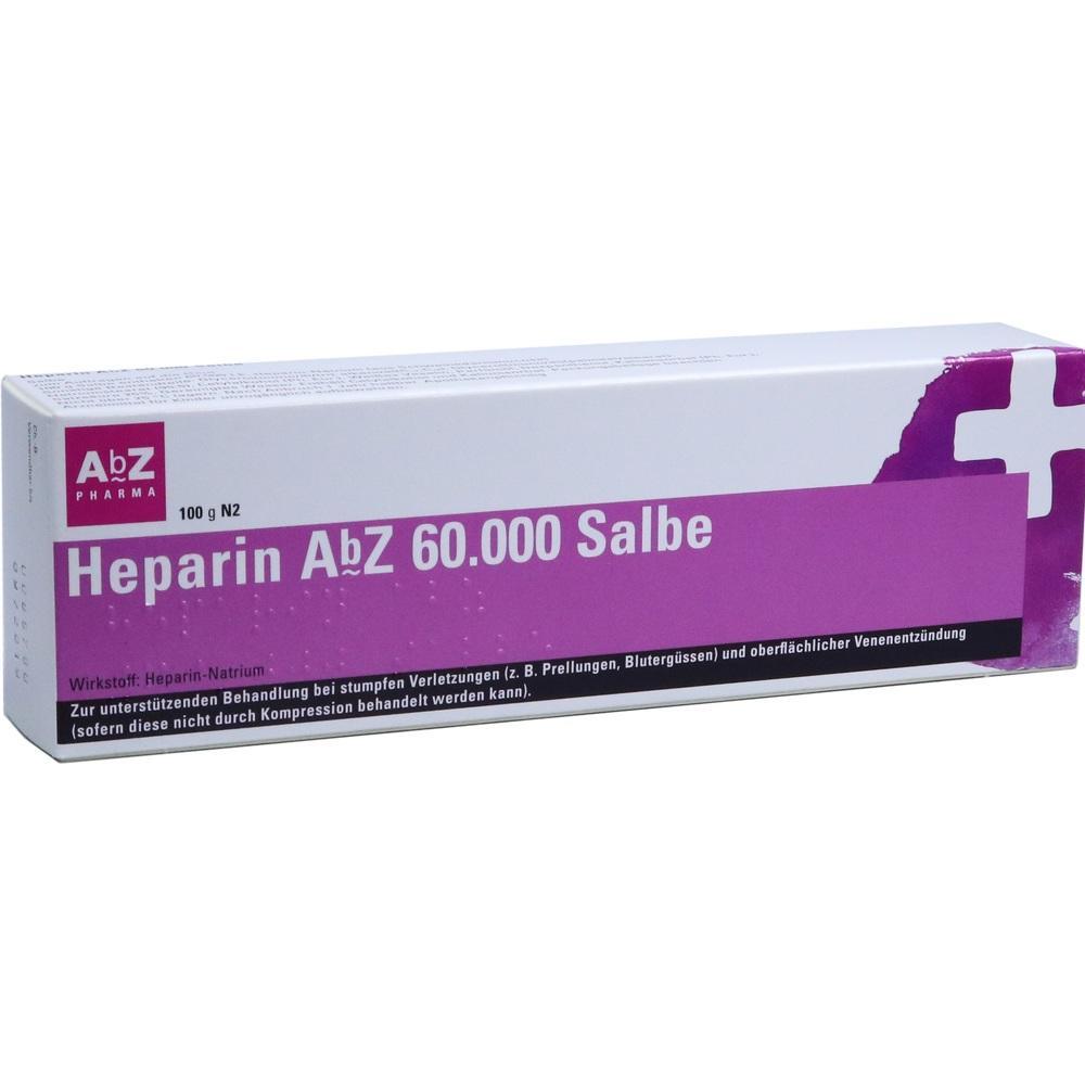 Eine wei&szlig;e Salbenverpackung mit lila Elementen und der Aufschrift "Heparin AbZ 60.000 Salbe".
