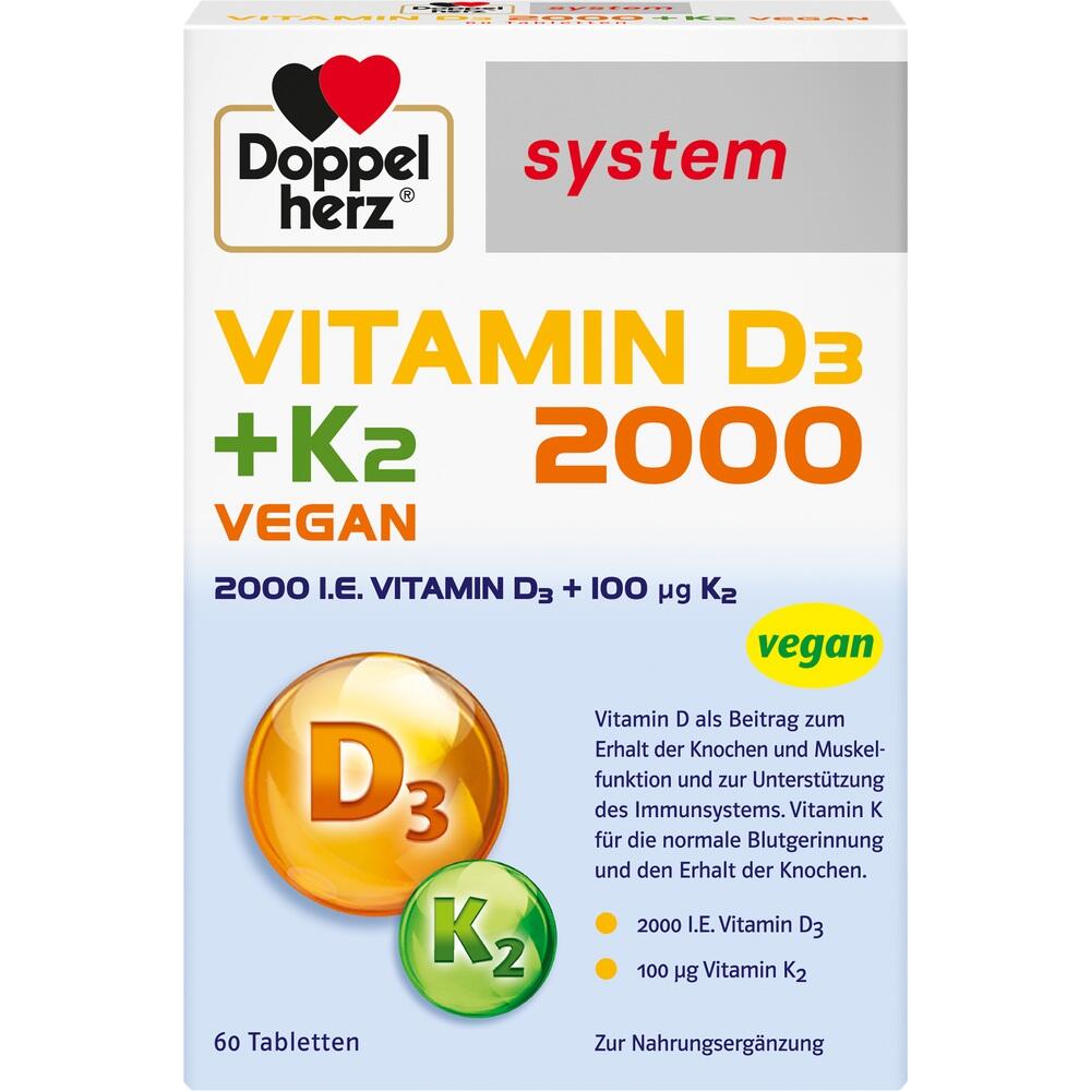 Die Verpackung zeigt vegane Vitamin D3 und K2 Tabletten von Doppelherz.