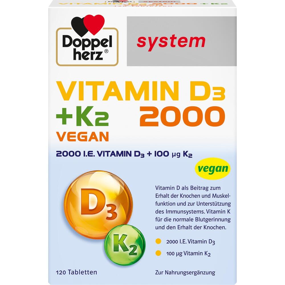 Verpackung von veganen Vitamin D3 und K2 Tabletten von Doppelherz.