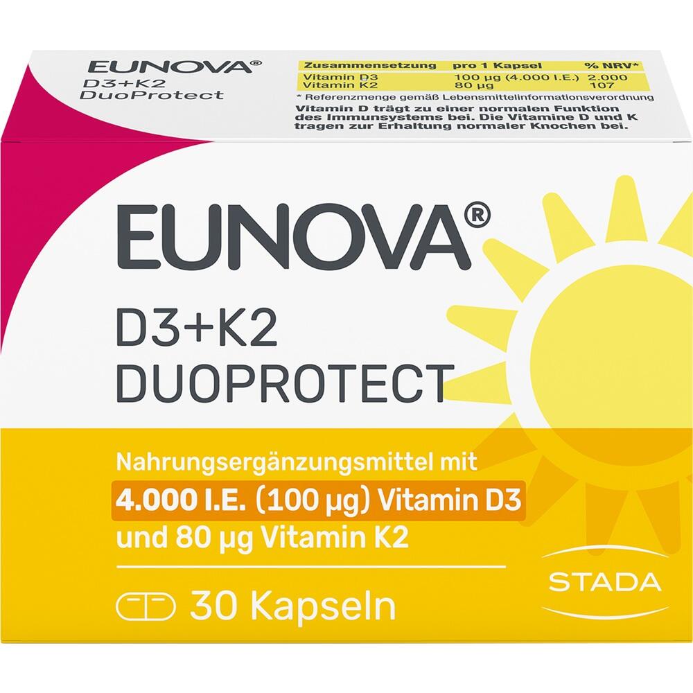 Verpackung von Nahrungsergänzungsmittel EUNOVA D3+K2 mit 30 Kapseln.