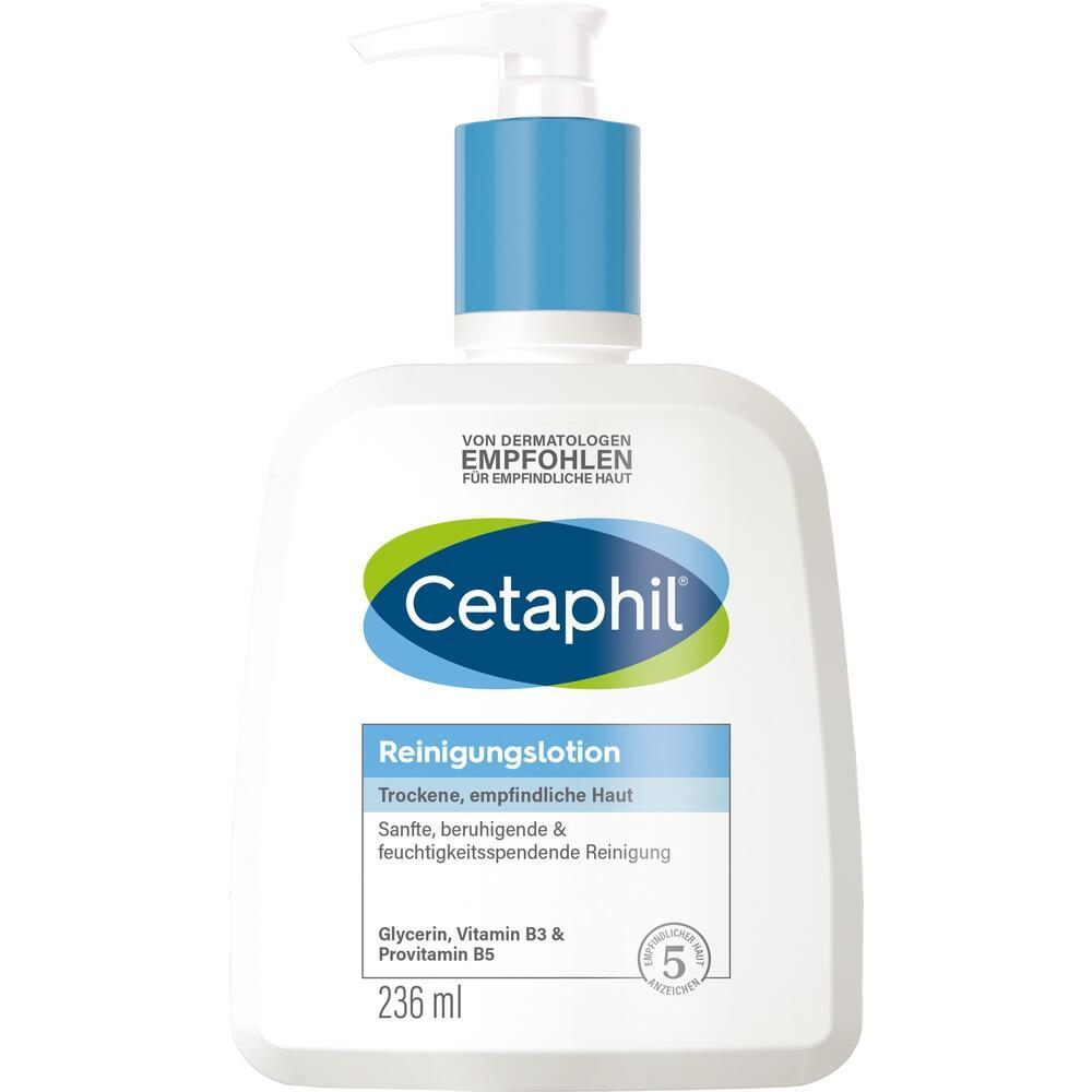 Weiße Flasche mit blauem Spenderkopf und der Aufschrift "Cetaphil Reinigungslotion".