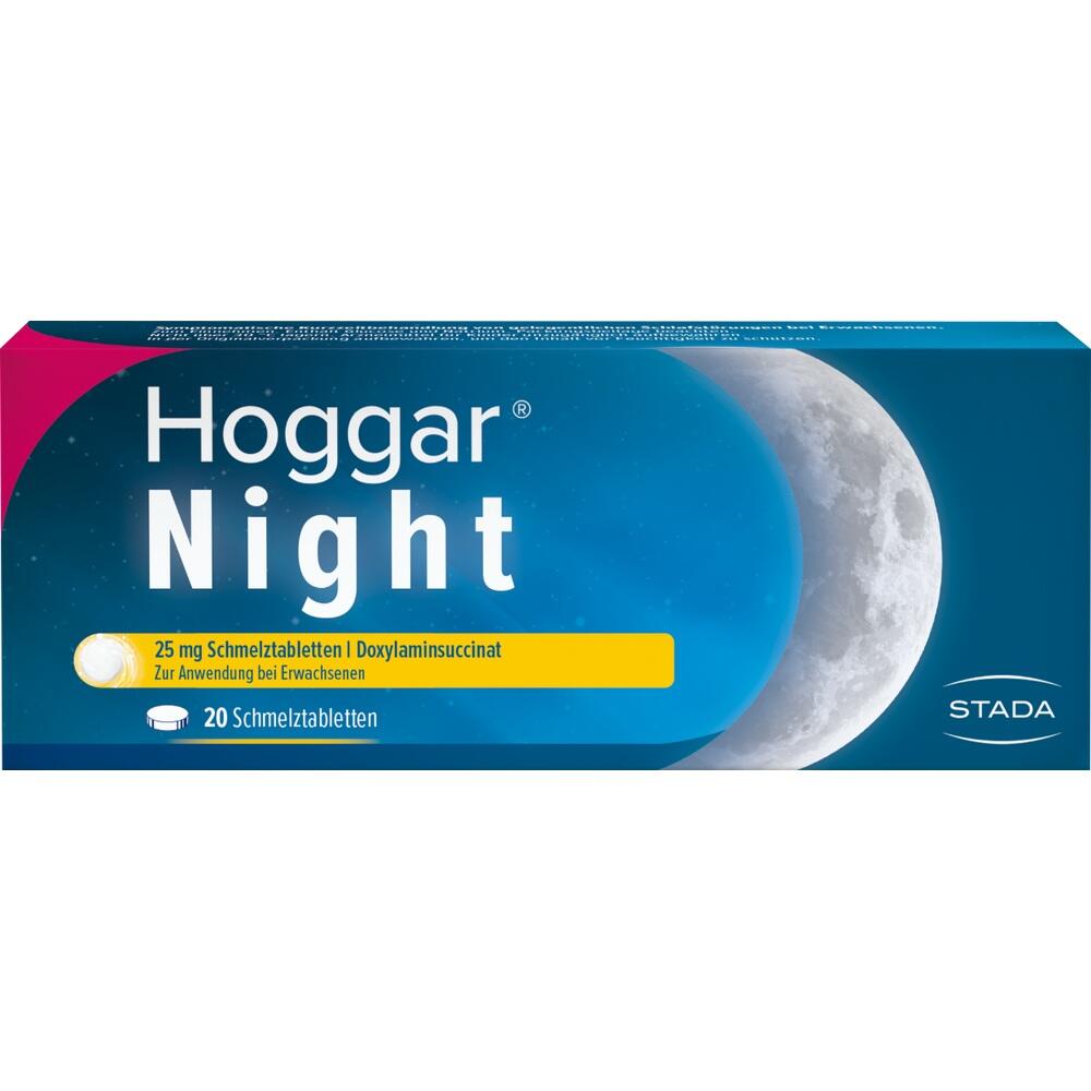 Verpackung von Hoggar Night Schmelztabletten gegen Schlafstörungen.