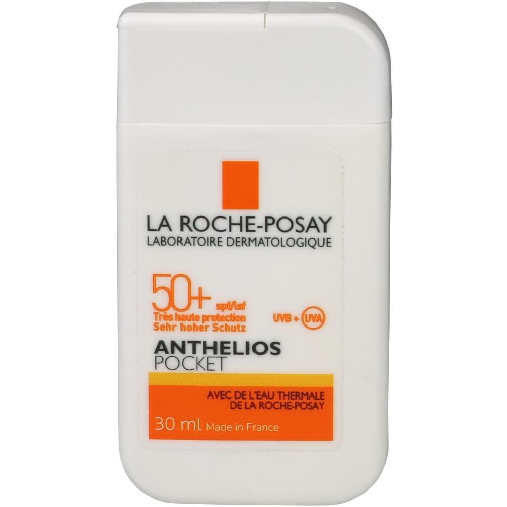 Wei&szlig;e Sonnencreme-Flasche mit Text "La Roche-Posay, SPF 50+, 30 ml".