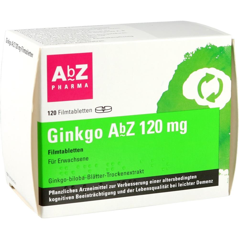 Packung Ginkgo AbZ 120 mg, ein pflanzliches Arzneimittel mit 120 Filmtabletten.