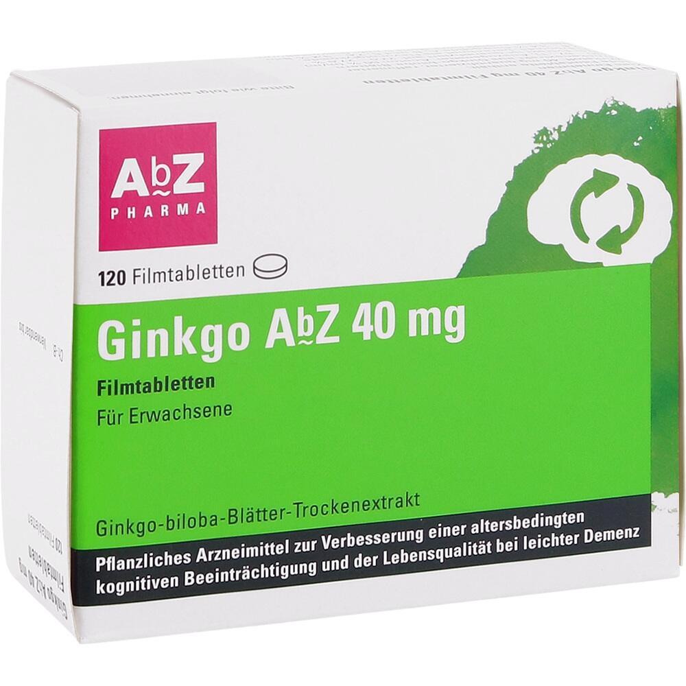 Die Medikamentenpackung zeigt "Ginkgo AbZ 40 mg" Filmtabletten f&uuml;r Erwachsene.