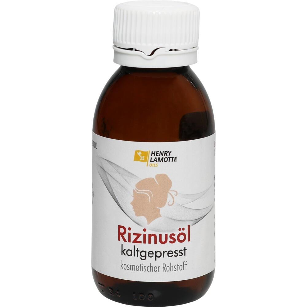 Braune Flasche mit der Aufschrift "Rizinus&ouml;l kaltgepresst" auf dem Etikett.