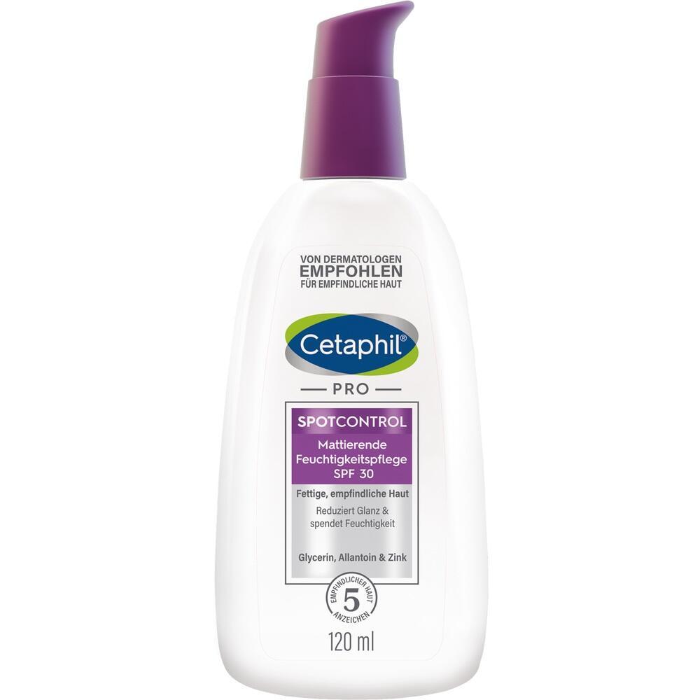Weiße Flasche Cetaphil Feuchtigkeitspflege mit lila Verschluss, SPF 30, 120 ml.