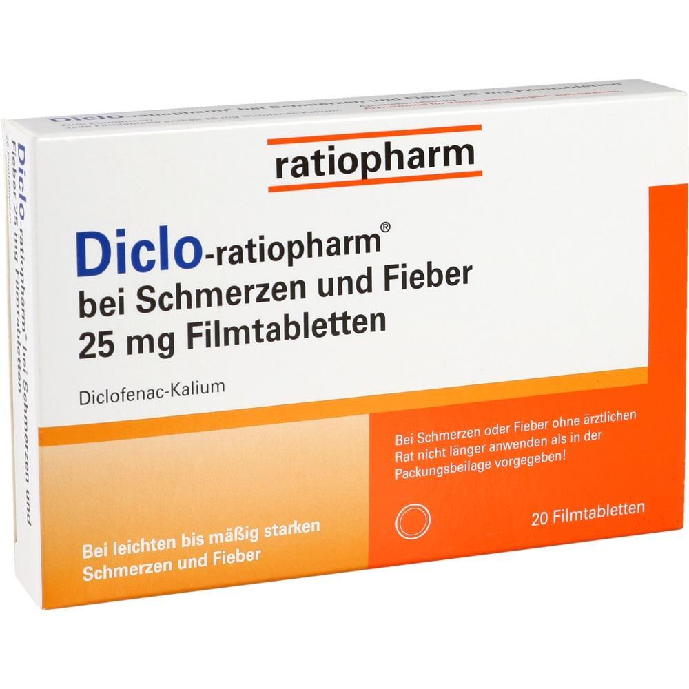Packung Diclo-ratiopharm Filmtabletten gegen Schmerzen und Fieber, 25 mg, 20 Stück.