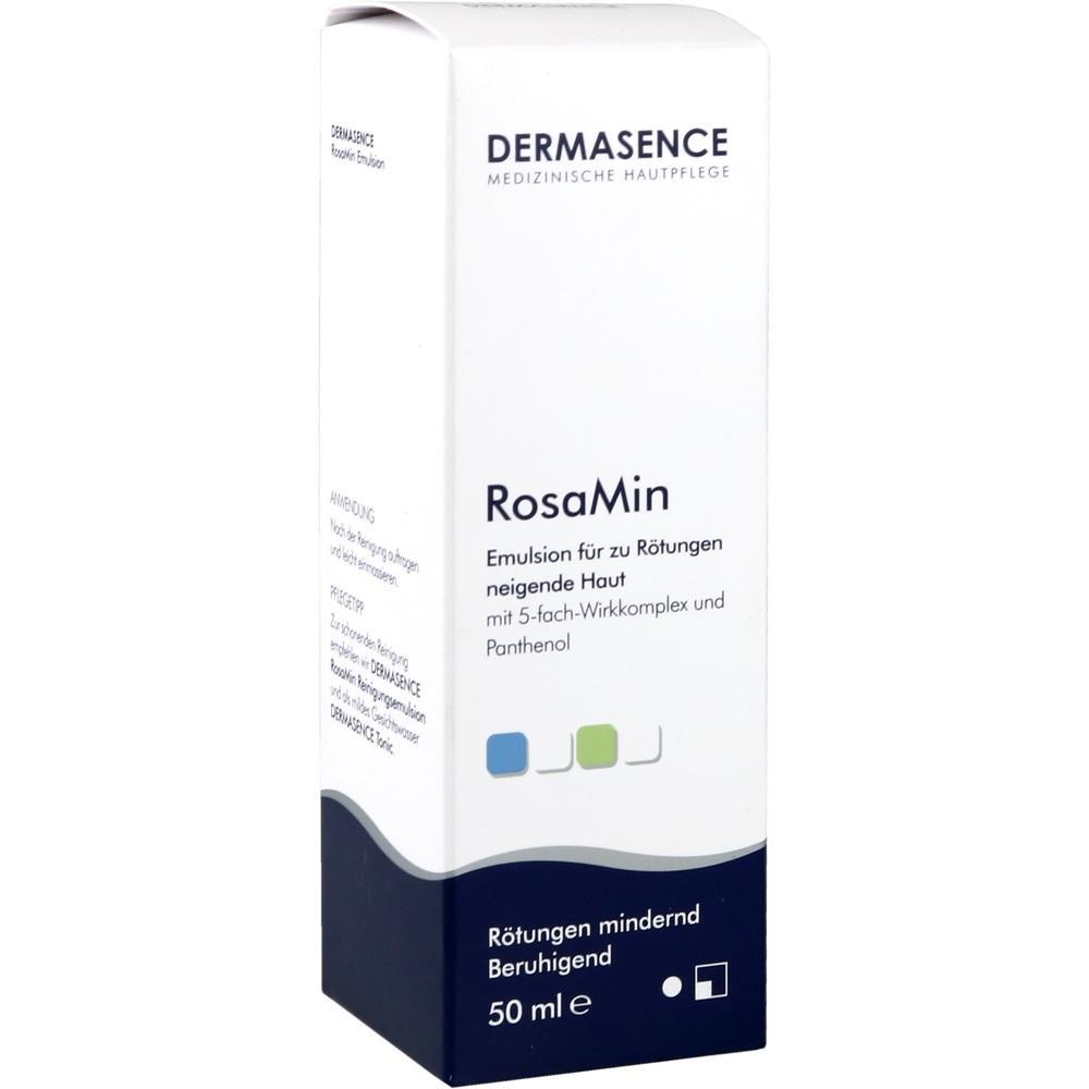 Eine wei&szlig;e Schachtel der Hautpflegecreme RosaMin von Dermasence.