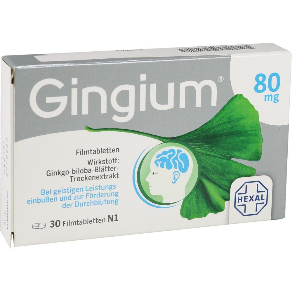 Packung mit Gingium 80 mg Tabletten zur Unterstützung der geistigen Leistungsfähigkeit.