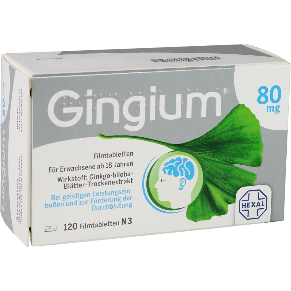 Eine Packung Gingium-Tabletten mit 120 Stück zur Förderung der Durchblutung und Konzentration.