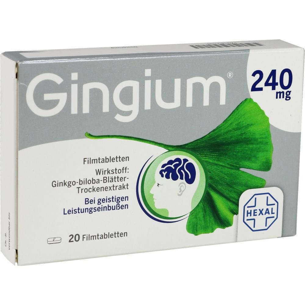 Verpackung von Gingium-Tabletten mit Ginkgo-Blatt und Kopf-Symbol.