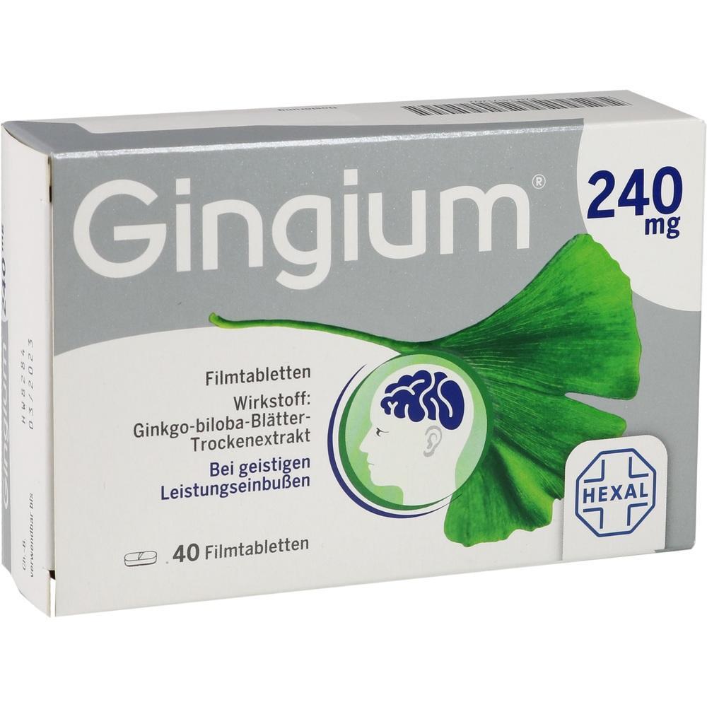 Eine Packung Gingium Tabletten mit 240 mg Wirkstoff und einem grünen Blatt als Dekor.
