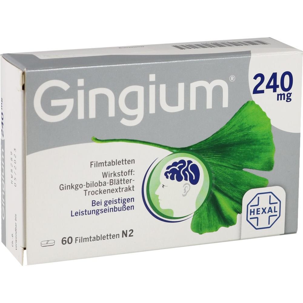Packung von Gingium 240 mg mit grünem Ginkgo-Blatt und einem Gehirnsymbol.
