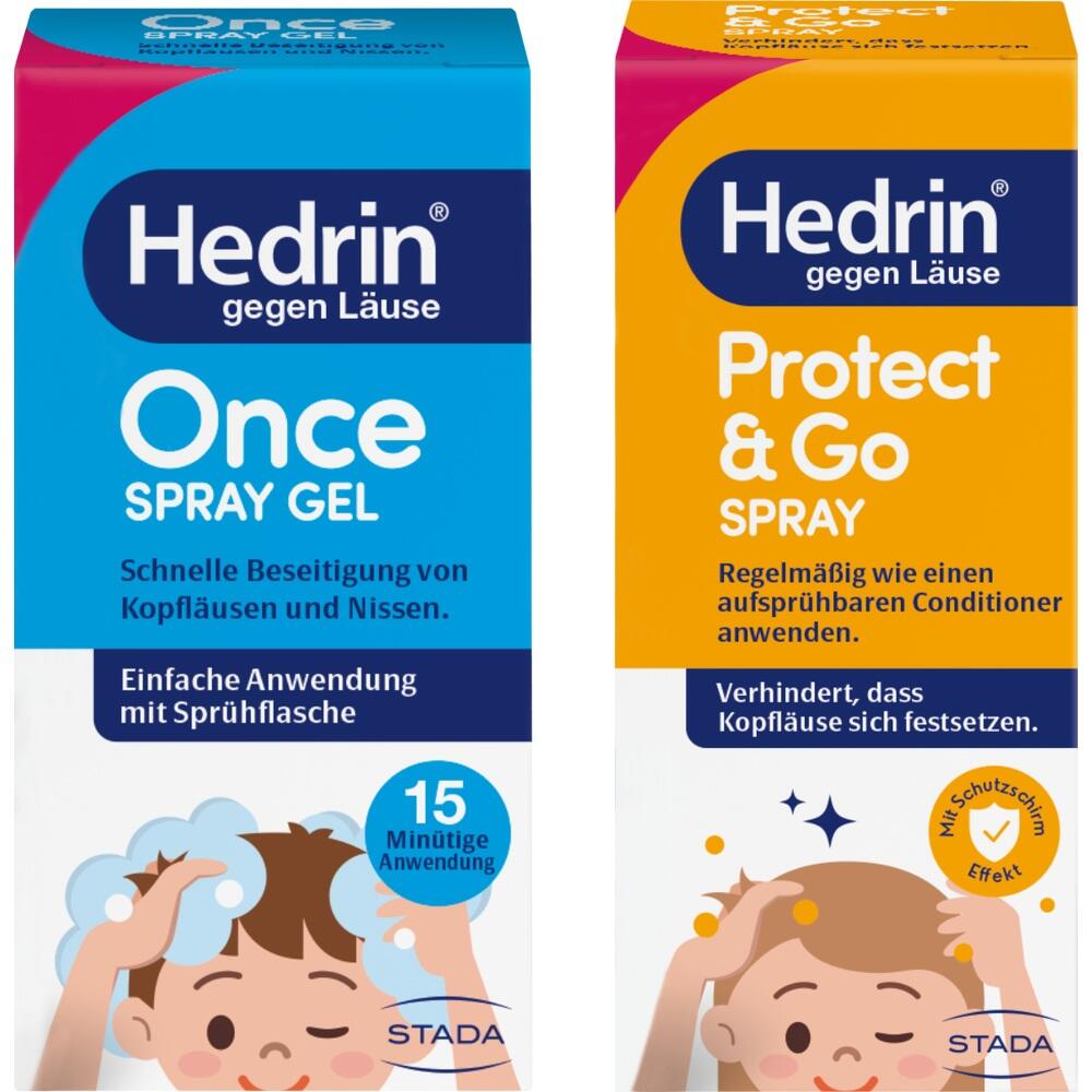 Zwei Verpackungen von Kopfläuse-Sprays mit buntem Design.