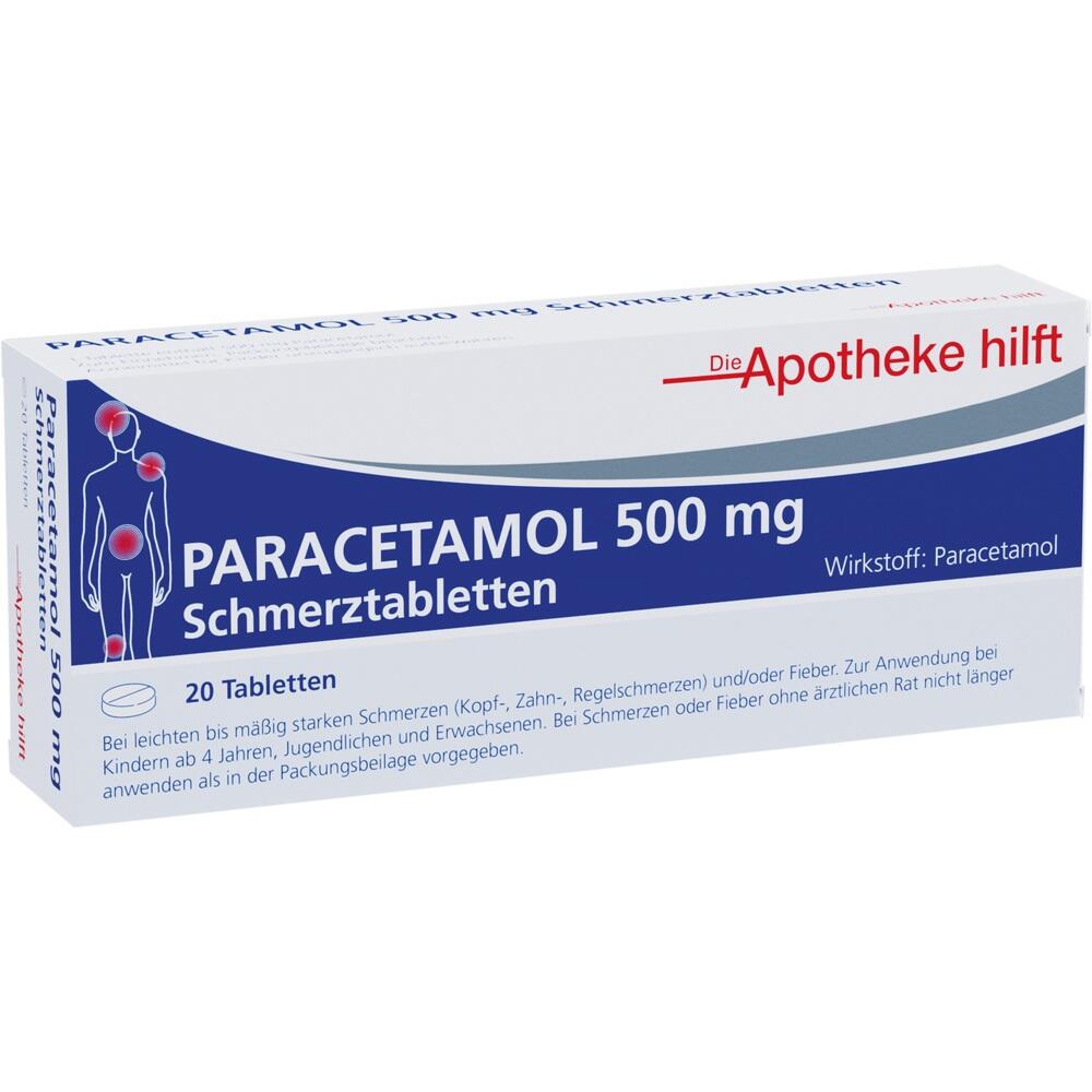 Eine Packung Paracetamol 500 mg Schmerztabletten mit 20 Tabletten.