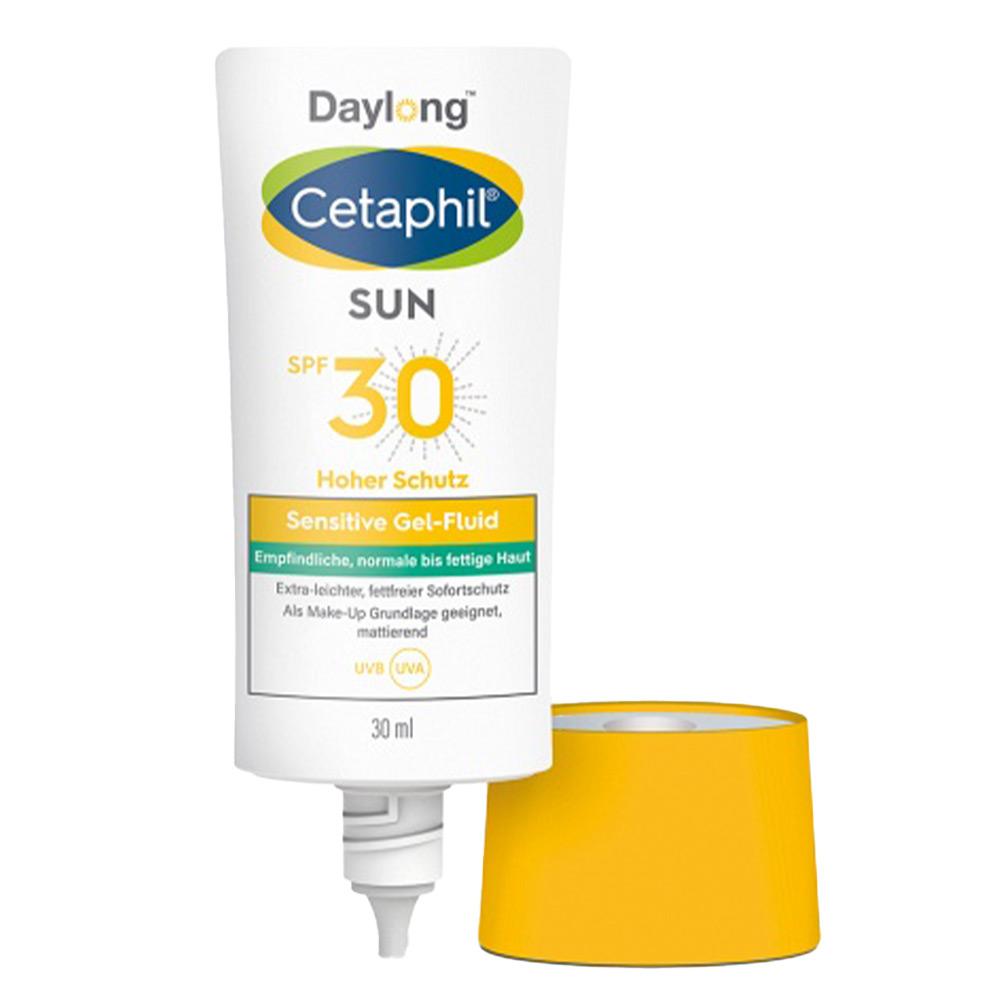 Weiße Tube Sonnencreme mit gelber Kappe und LSF 30 für empfindliche Haut.