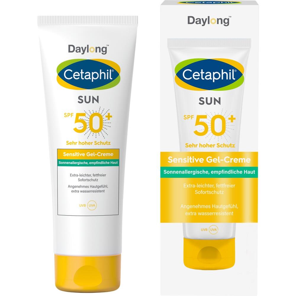 Weiße Sonnencreme-Tube mit gelbem Deckel, Marke Cetaphil, SPF 50+ für empfindliche Haut.
