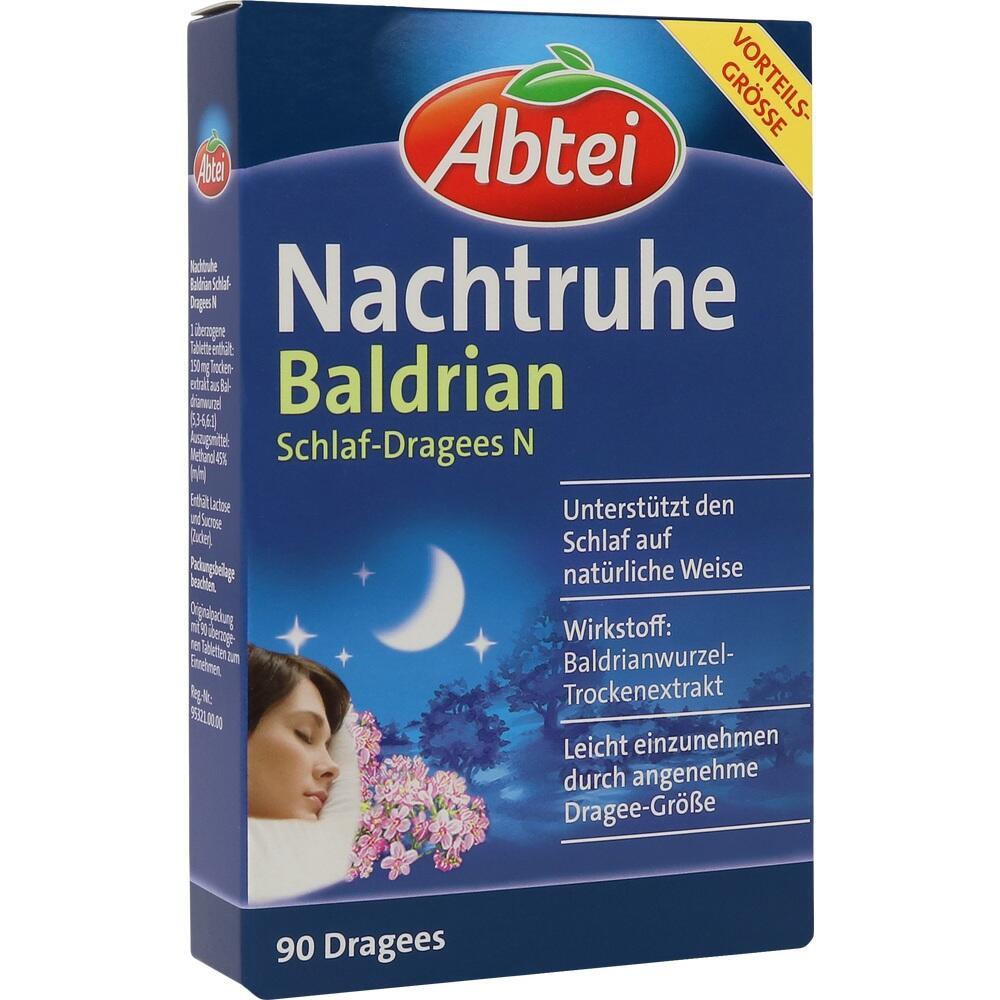 Verpackung von Abtei Nachtruhe Baldrian Schlaf-Dragees mit Mond und schlafender Frau.