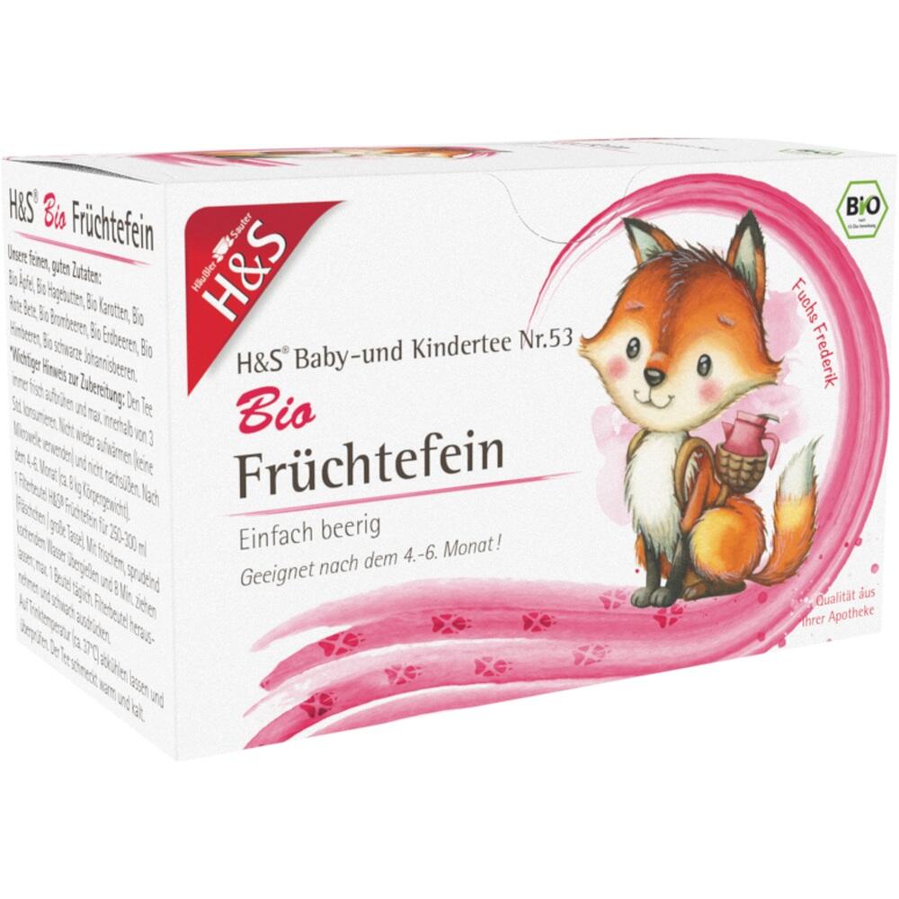 Eine bunte Packung Baby- und Kindertee mit einer Fuchszeichnung.