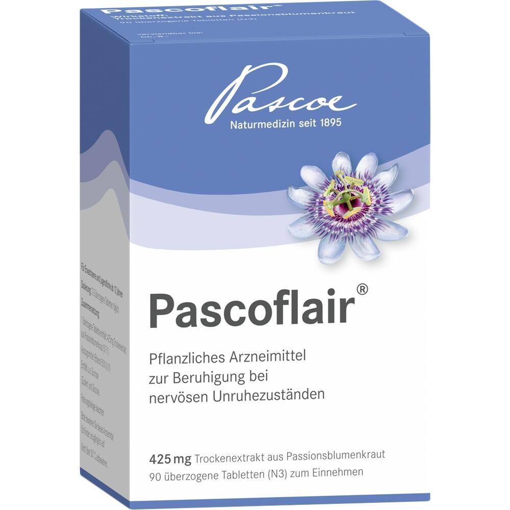 Packung von Pascoflair, einem pflanzlichen Mittel zur Beruhigung bei Nervosität.