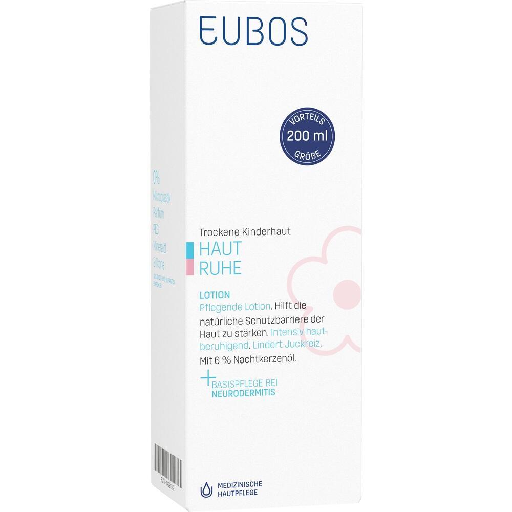 Weiße Lotion-Verpackung für trockene Kinderhaut mit blauer Aufschrift "EUBOS".