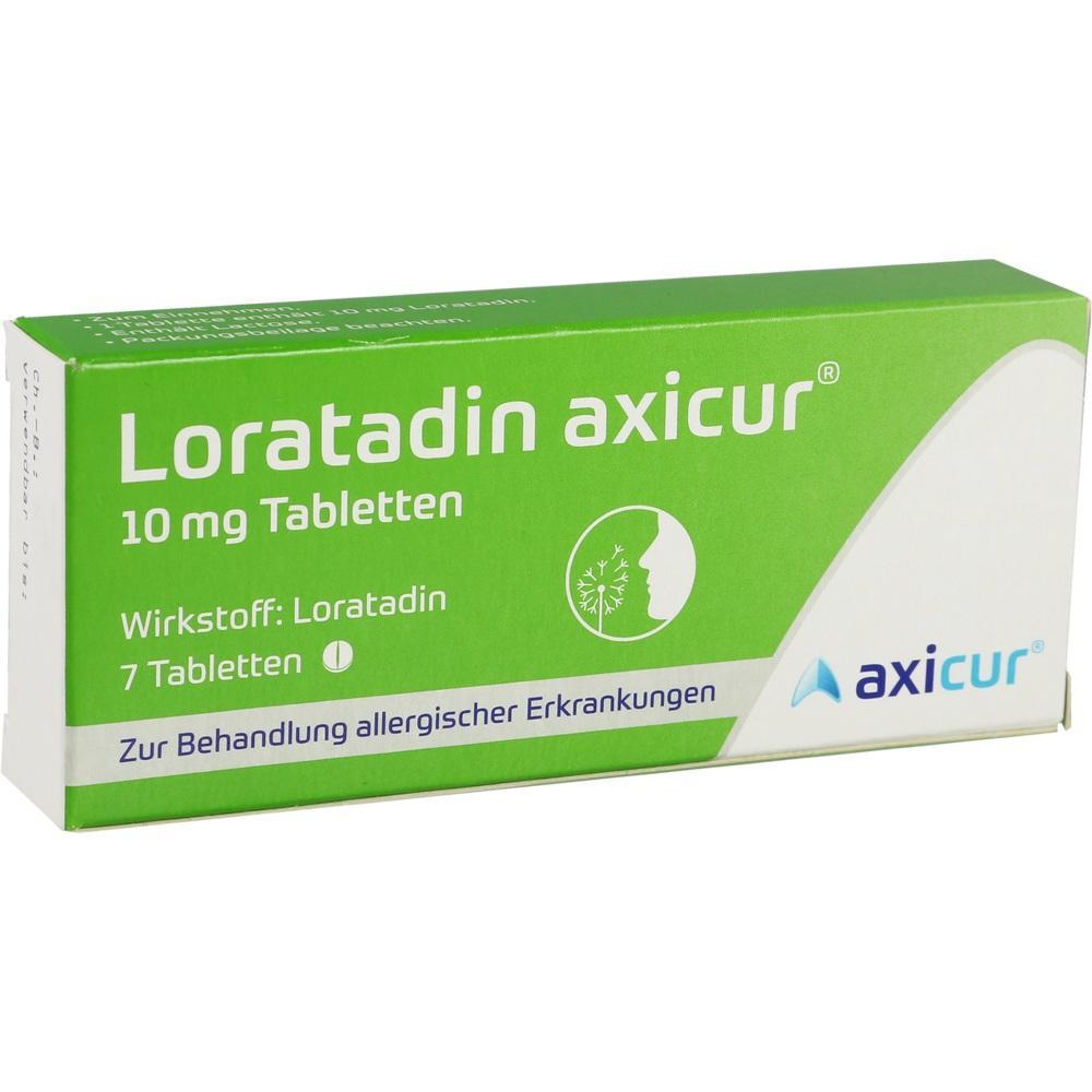 Gr&uuml;ne Medikamentenschachtel mit der Aufschrift "Loratadin axicur 10 mg Tabletten".