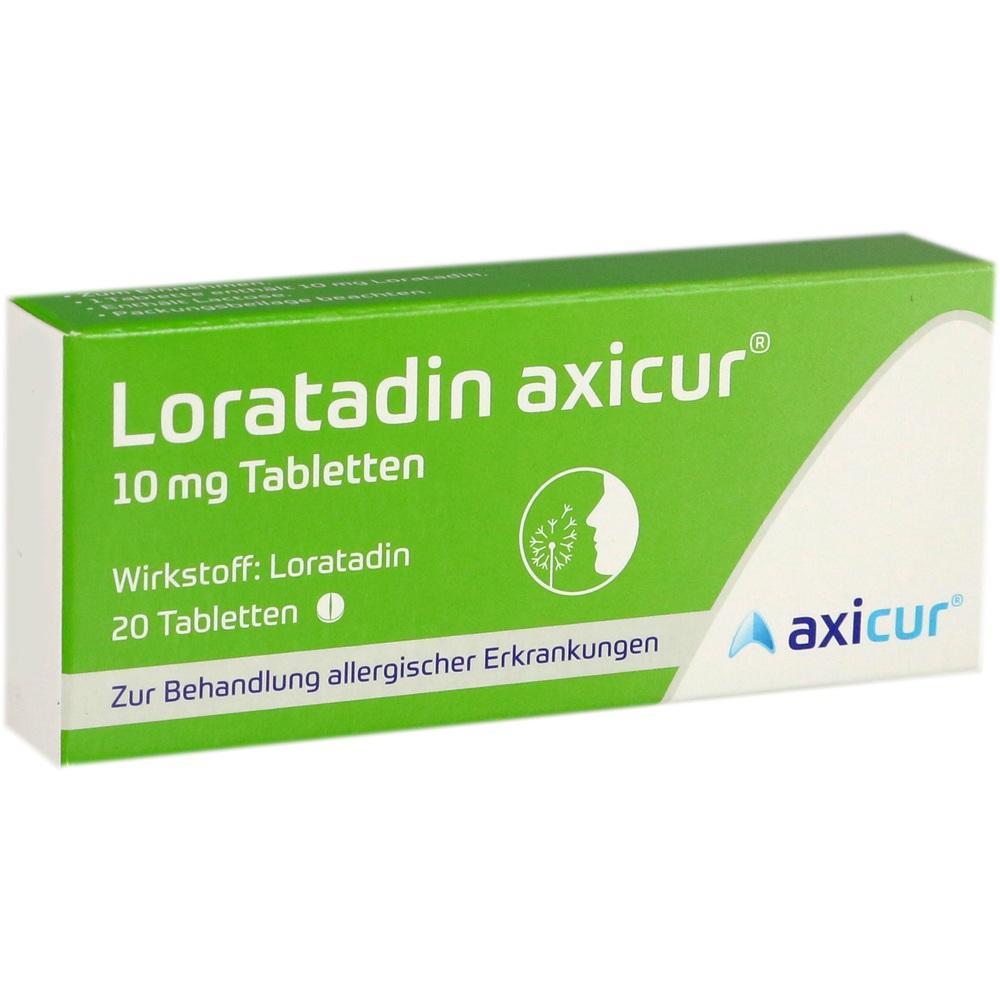 Gr&uuml;ne Medikamentenverpackung mit der Aufschrift "Loratadin axicur 10 mg Tabletten".