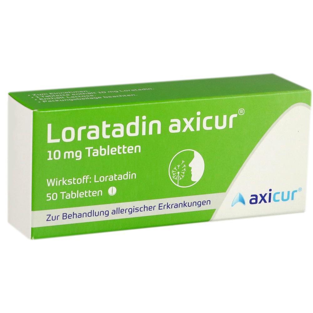 Gr&uuml;ne Packung Loratadin Tabletten gegen Allergien, 50 St&uuml;ck, 10 mg.