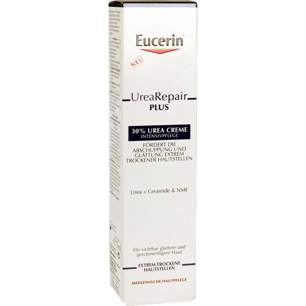 Wei&szlig;e Verpackung einer Hautcreme mit dem Aufdruck "Eucerin UreaRepair PLUS".