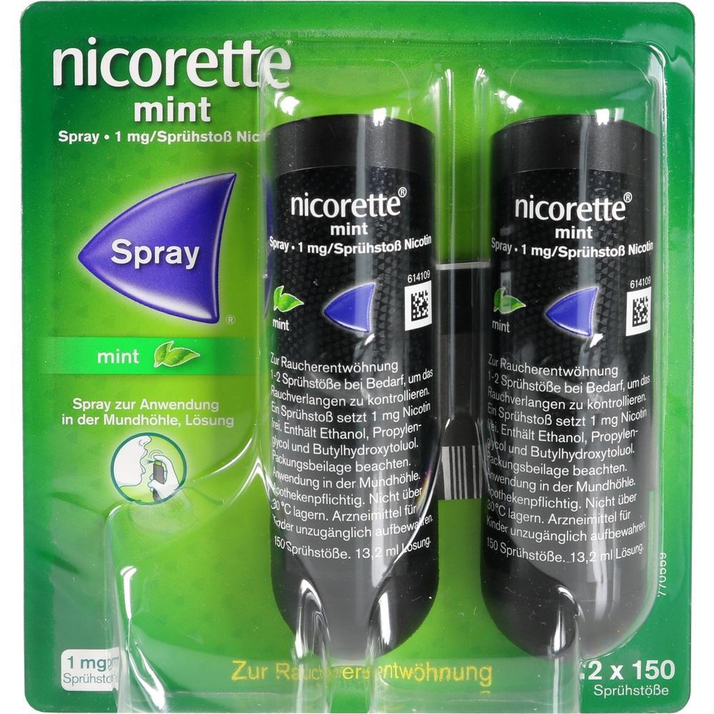 Zwei Sprühflaschen "nicorette mint" zur Raucherentwöhnung sind in einer grünen Verpackung.