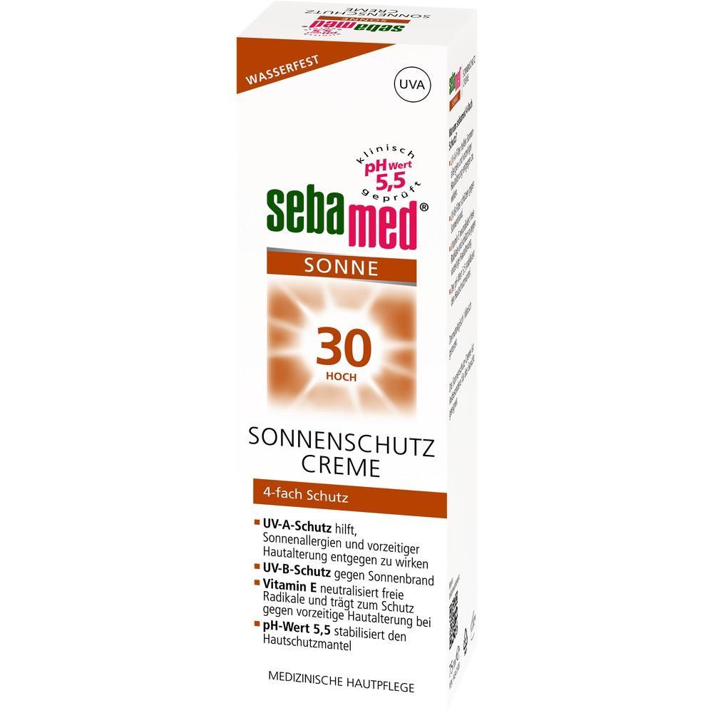 Wei&szlig;e Verpackung einer Sonnencreme mit Lichtschutzfaktor 30.