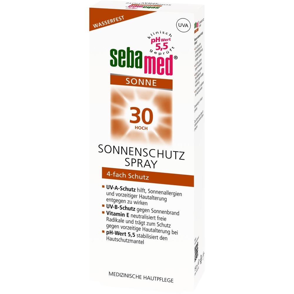 Eine wei&szlig;e Packung mit Sebamed Sonnenschutzspray und Lichtschutzfaktor 30.