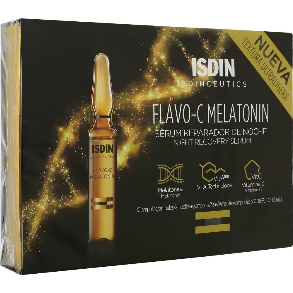 Schwarzer Karton mit einer Flasche ISDIN Flavo-C Melatonin Nachtserum.
