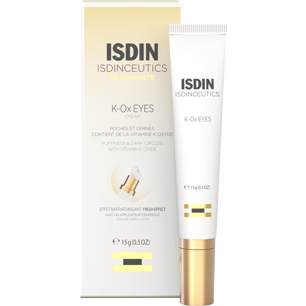 Eine cremefarbene Schachtel von Isdin f&uuml;r Augencreme gegen Schwellungen und Augenringe.