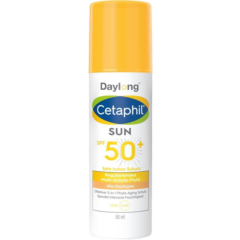 Weiße Flasche mit gelbem Deckel und Schriftzug "Cetaphil SUN SPF 50+".