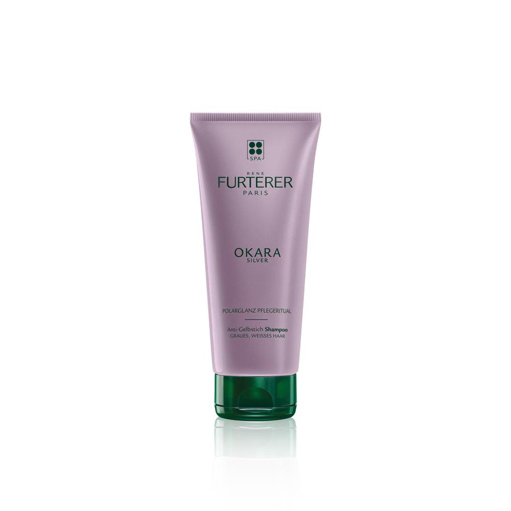 Lila Tube Shampoo für graues, weißes Haar auf weißem Hintergrund.