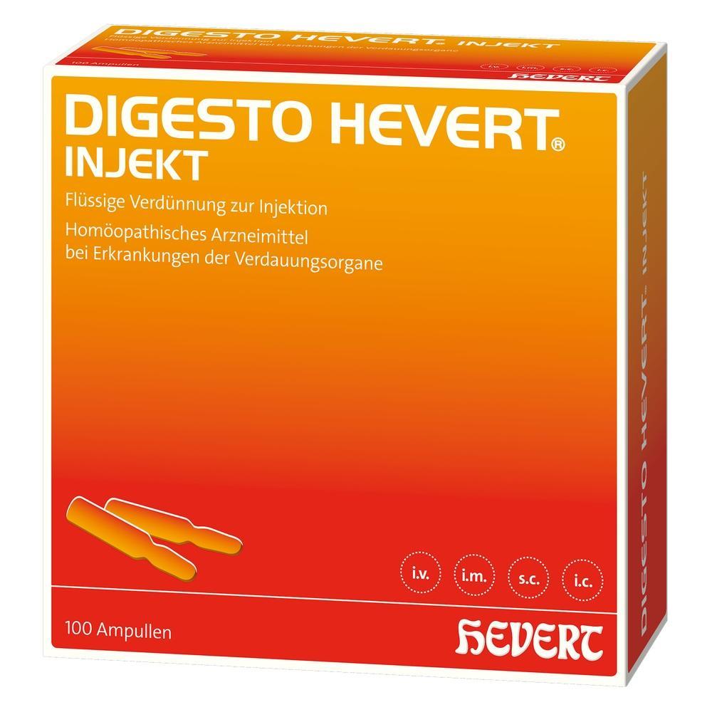 Orange Packung von Digesto Hevert Injekt mit 100 Ampullen für Verdauung.