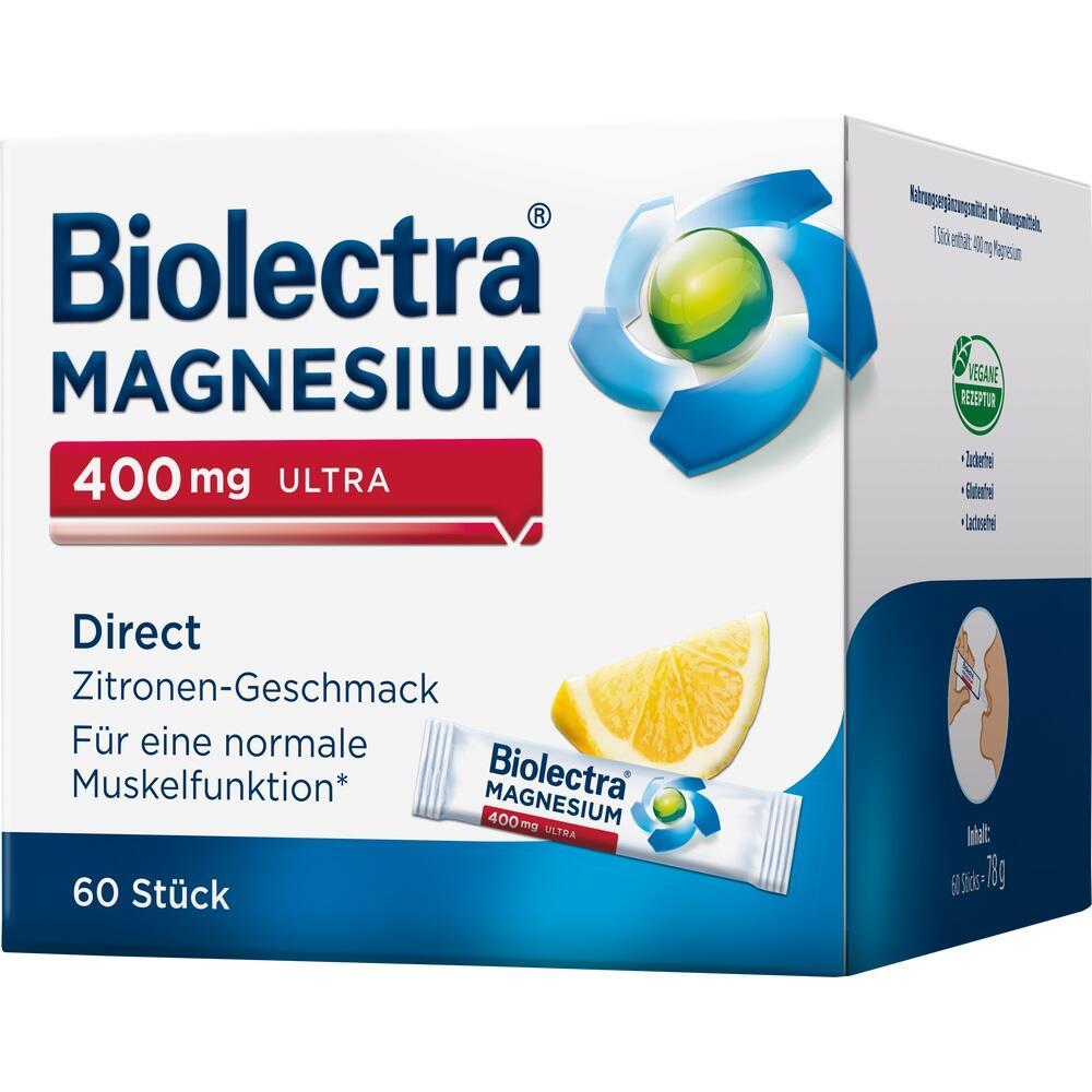 Weiße Verpackung von Biolectra Magnesium mit Zitronen-Geschmack, 400 mg, 60 Stück.