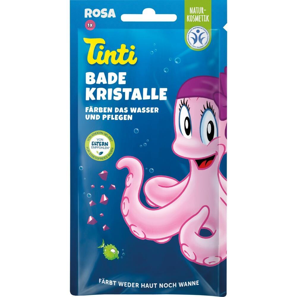 Eine bunte Packung mit Bade-Kristallen und einem lächelnden rosa Oktopus.
