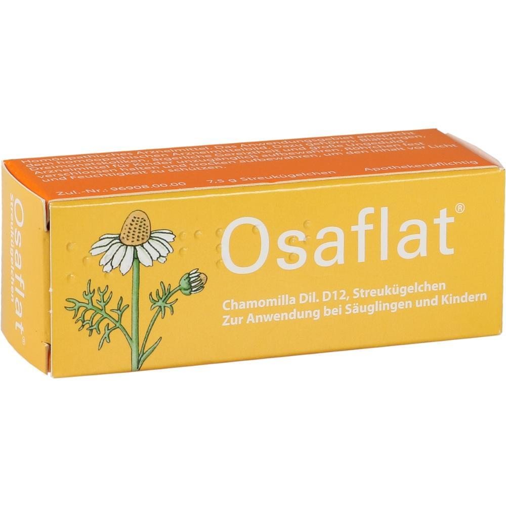 Orange Schachtel mit Kamille-Bild und Aufschrift "Osaflat" f&uuml;r Kinder.