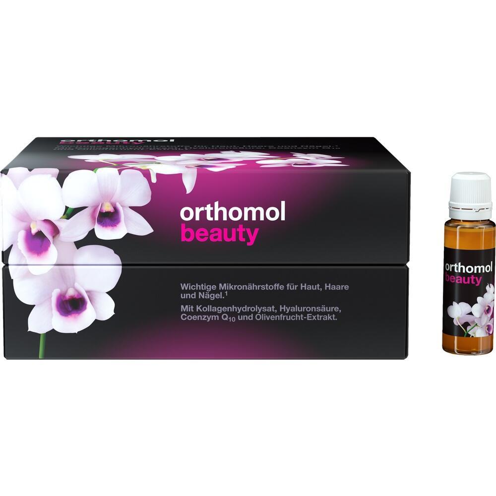Schwarze Verpackung mit Orchideenbild und Fl&auml;schchen mit "orthomol beauty"-Aufschrift.