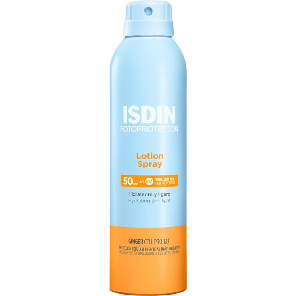 Eine blaue Sonnenschutz-Sprayflasche mit Lichtschutzfaktor 50.