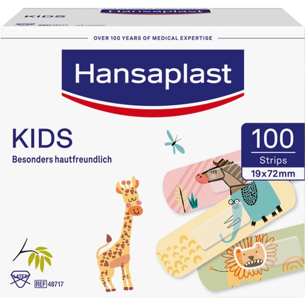 Eine Packung Kinderpflaster mit 100 bunten Pflastern und Tiermotiven.