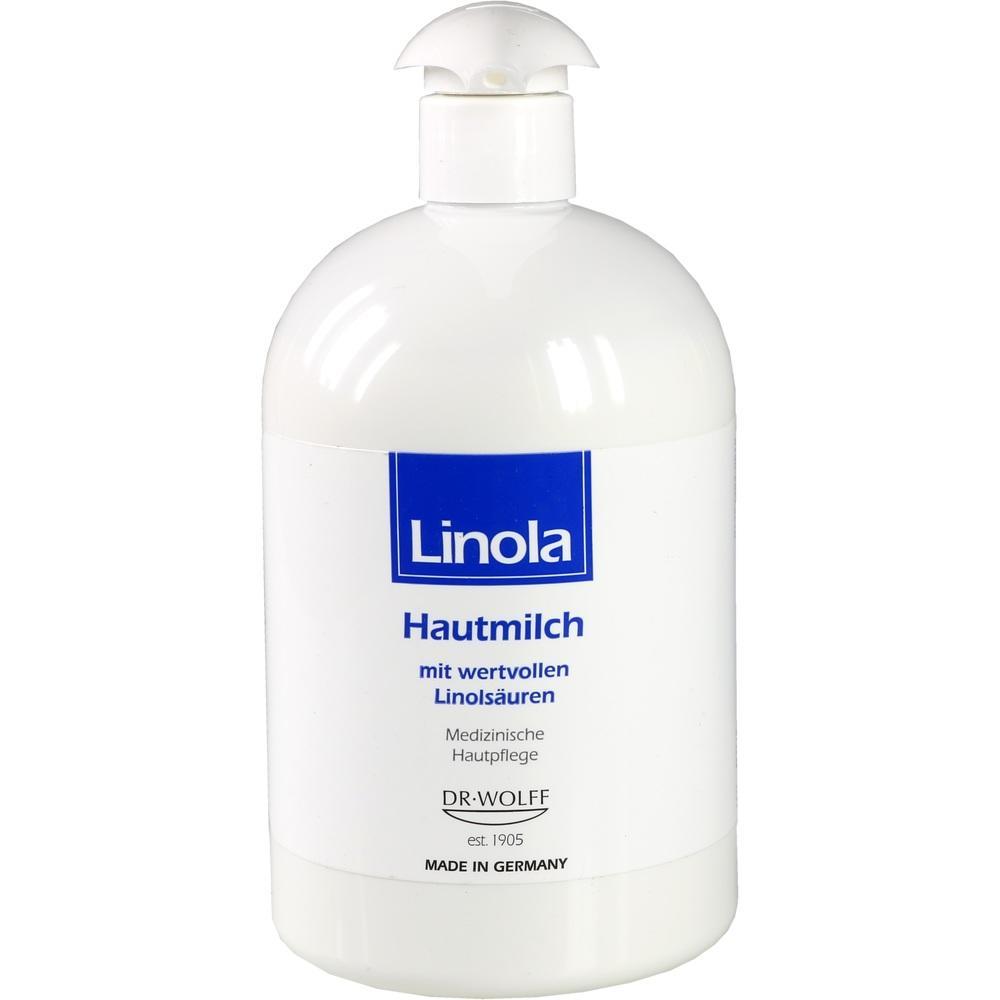 Wei&szlig;e Flasche mit Spender, darauf steht "Linola Hautmilch" f&uuml;r Hautpflege.