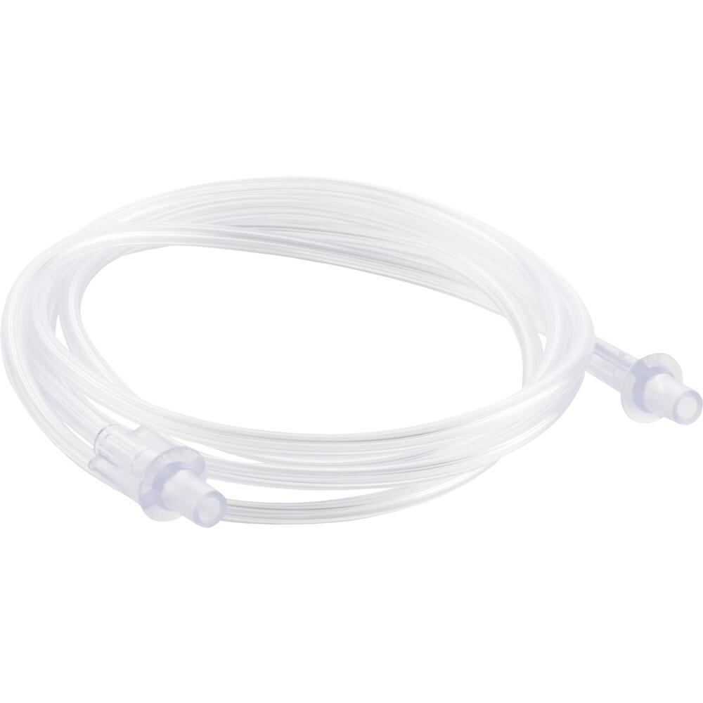 Ein klarer, spiralförmig aufgewickelter Schlauch mit Anschlüssen an beiden Enden.