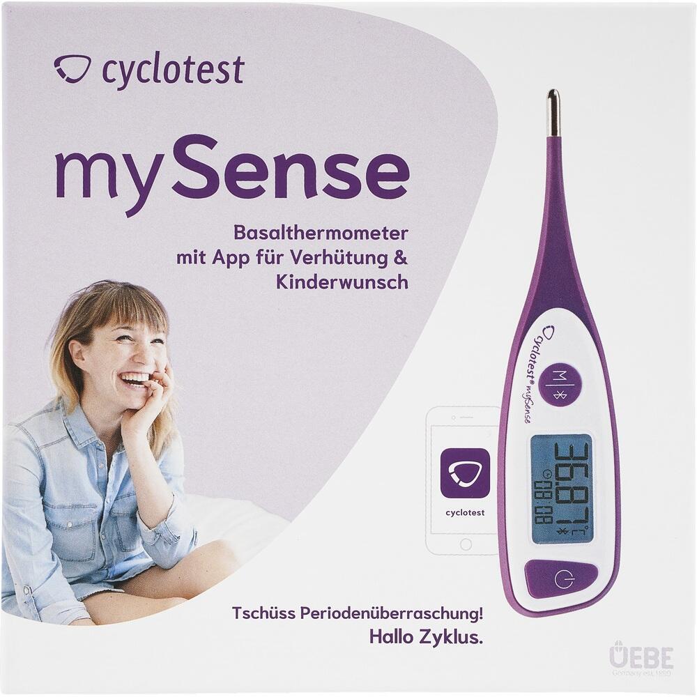 Lächelnde Frau neben einem violetten Basalthermometer auf einer Verpackung.