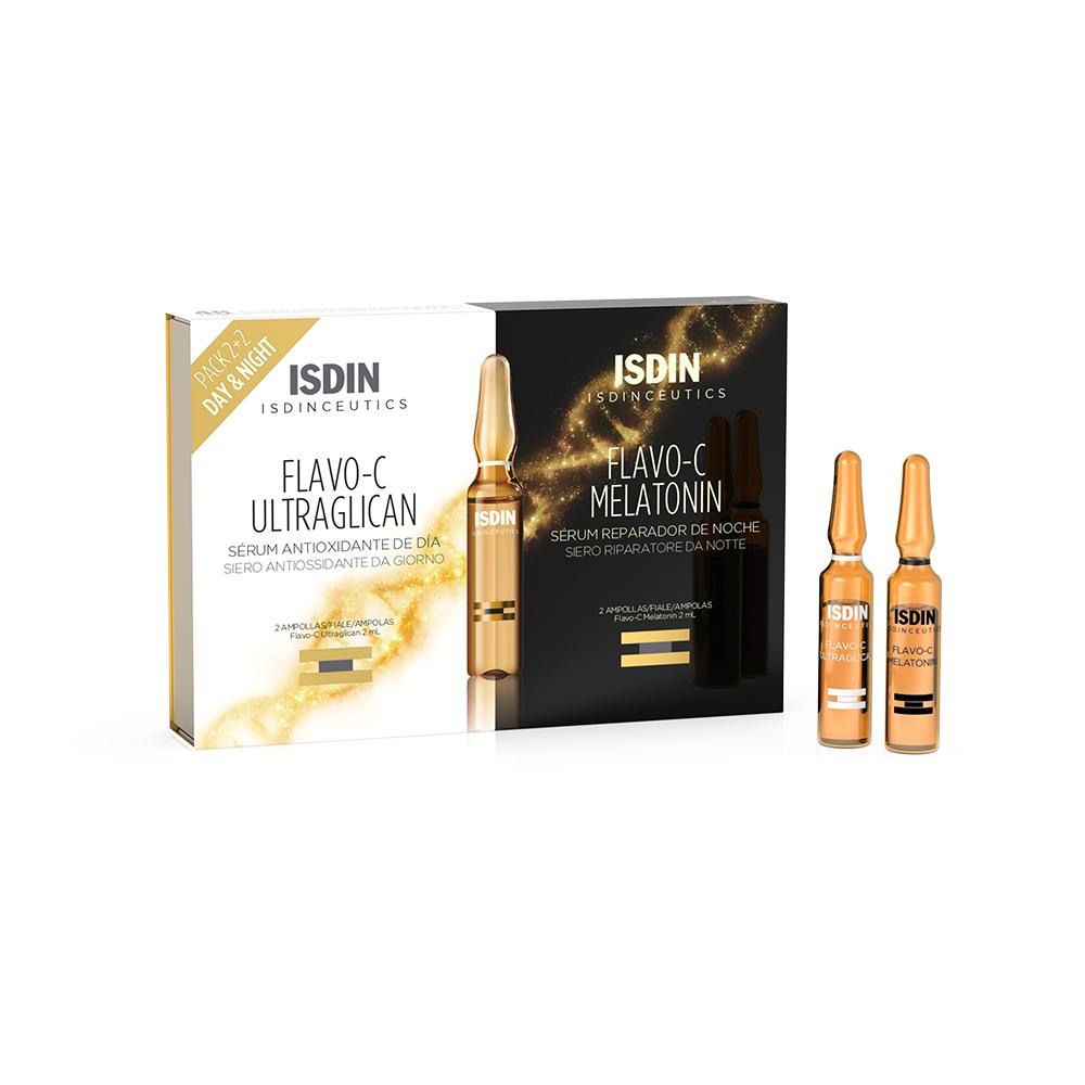 Eine Packung mit zwei Fl&auml;schchen Serum f&uuml;r Tag und Nacht von ISDIN.