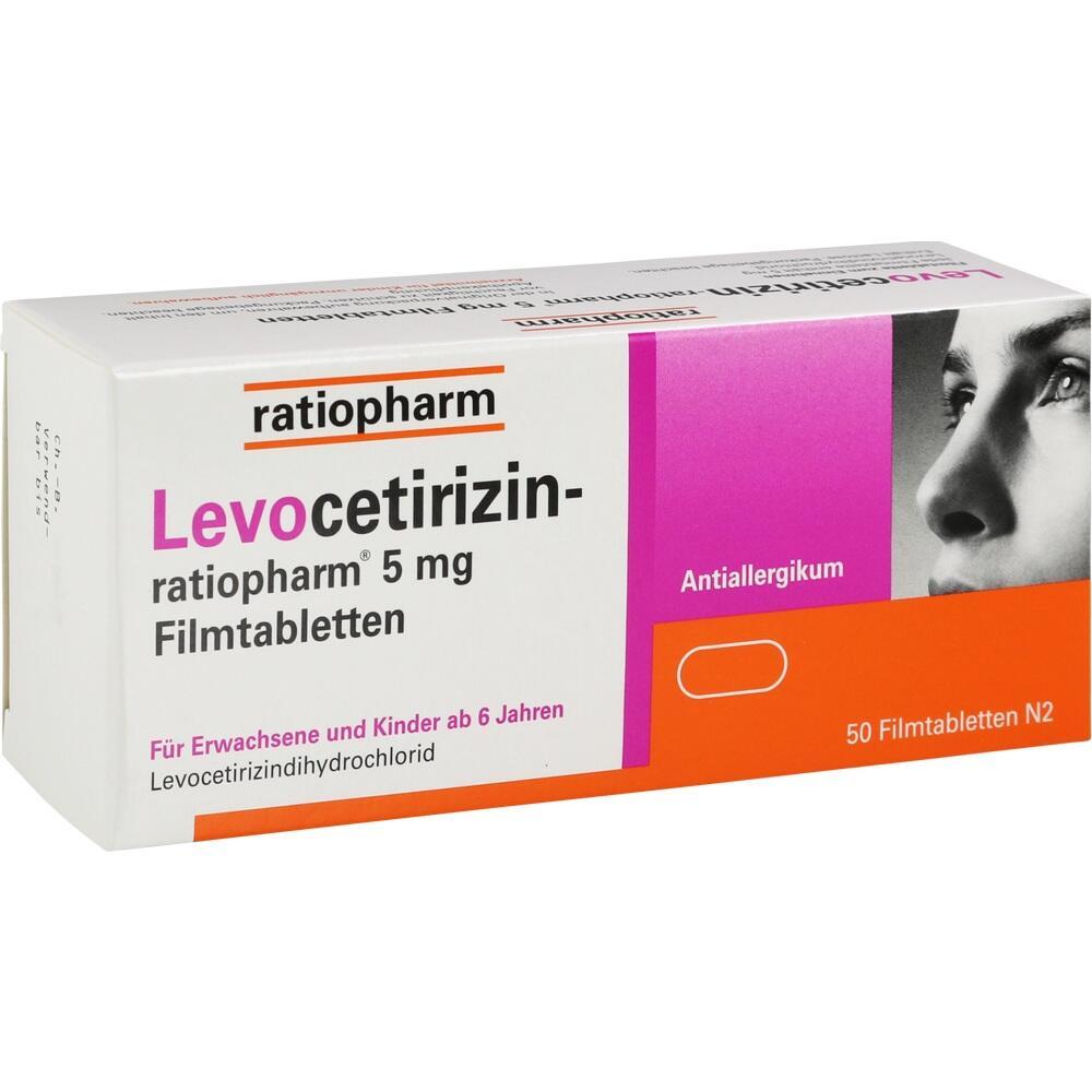 Packung von Levocetirizin 5 mg Filmtabletten gegen Allergien.