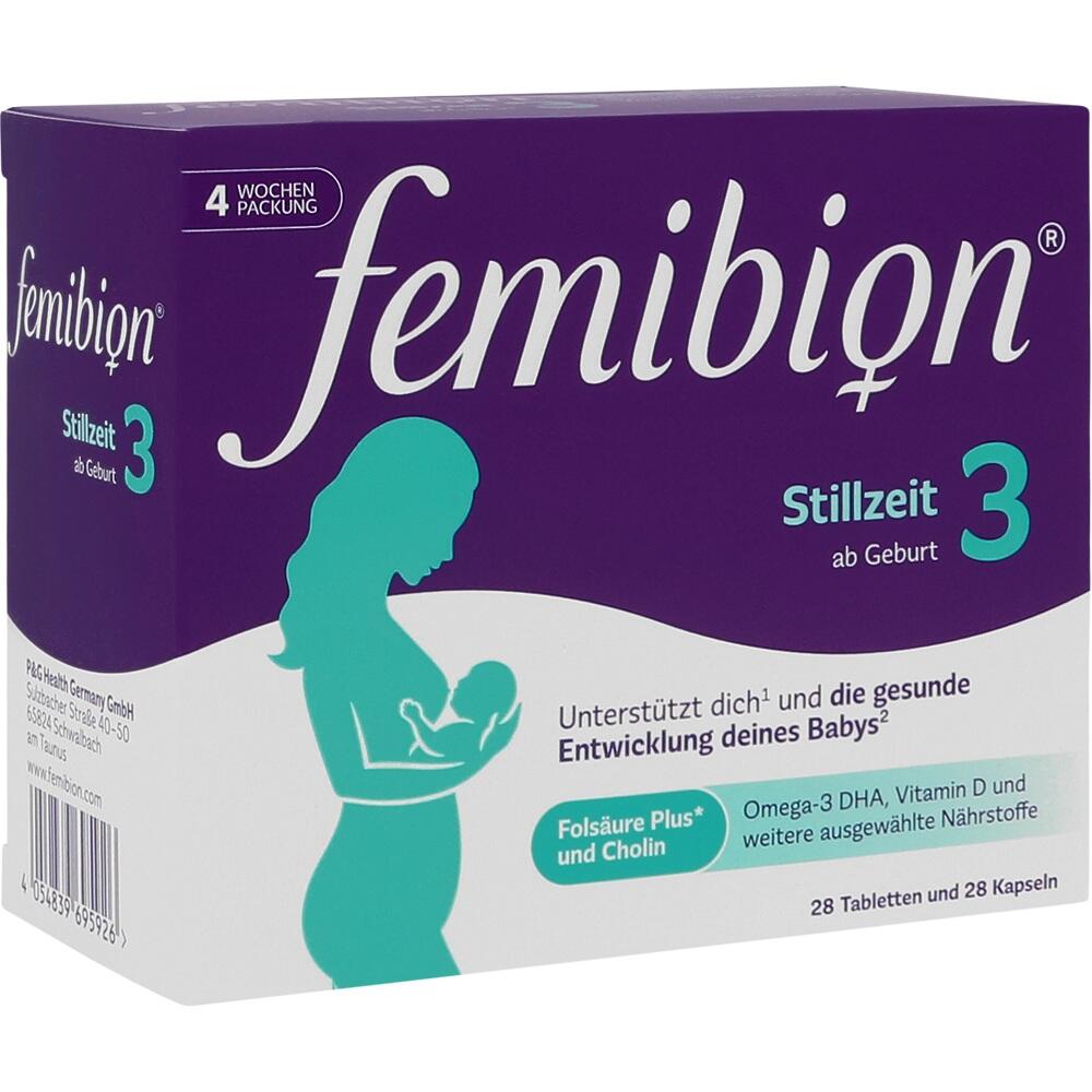 Lila Verpackung von Femibion Stillzeit 3 mit einer Mutter, die ein Baby h&auml;lt.